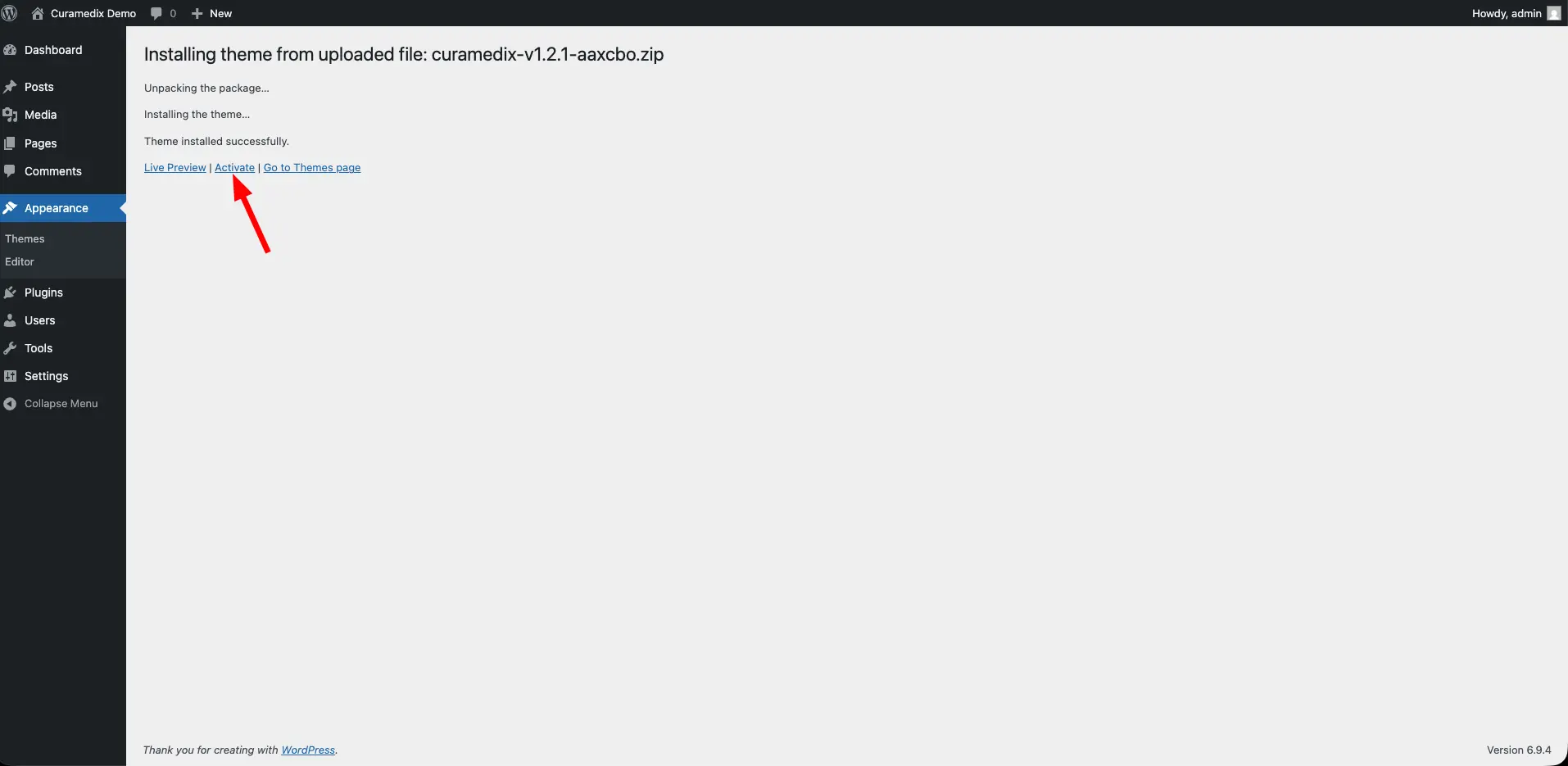 Screenshot of curamedix theme installation