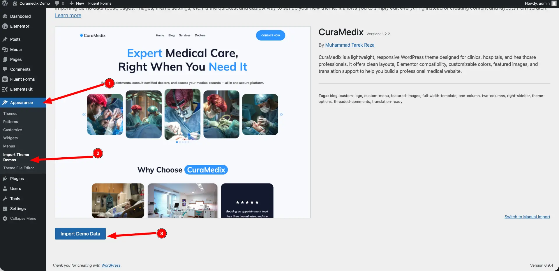 Screenshot of curamedix theme installation