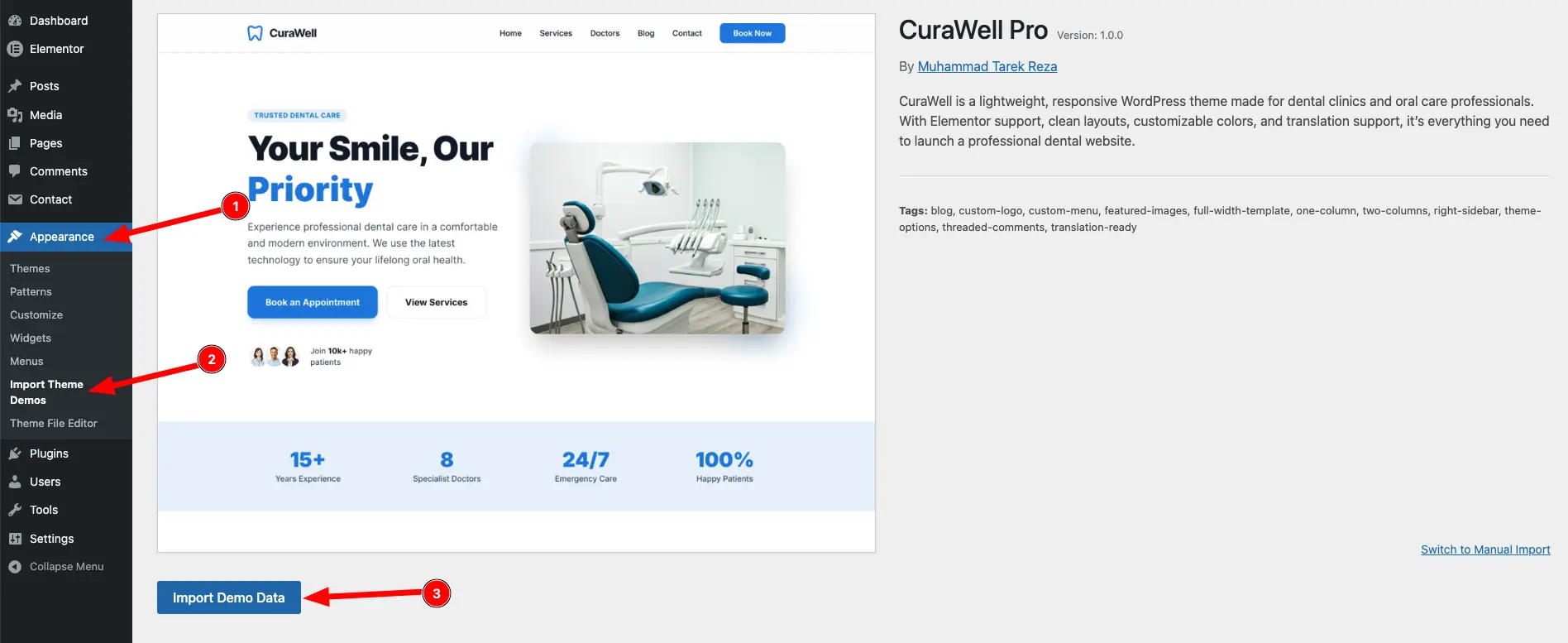Screenshot of curawell theme installation
